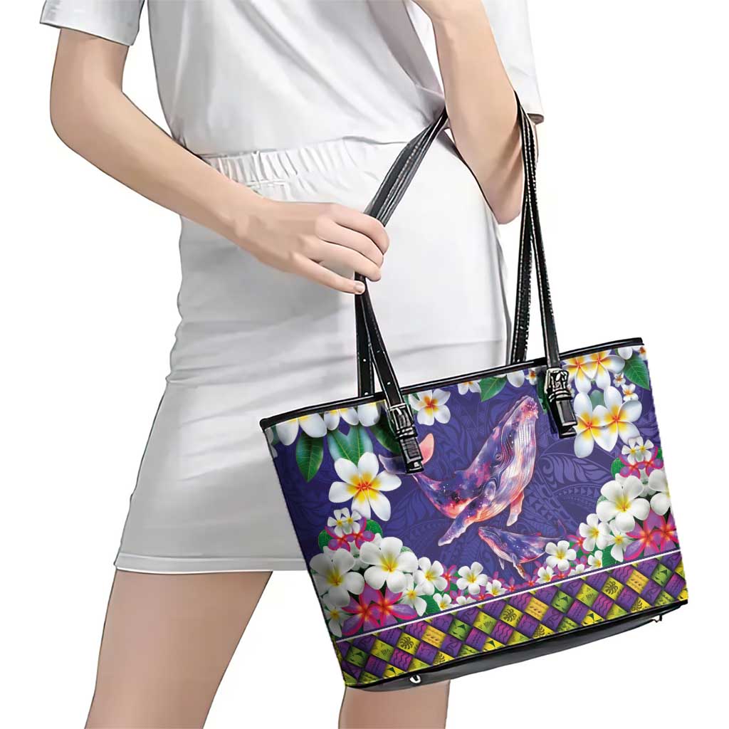 Hawaiian Plumeria and Humpback Whales Leather Tote Bag Polynerian Art Tattoo-Navy Color