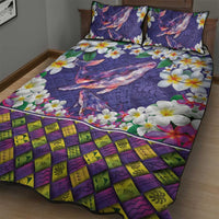 Hawaiian Plumeria and Humpback Whales Quilt Bed Set Polynerian Art Tattoo-Navy Color