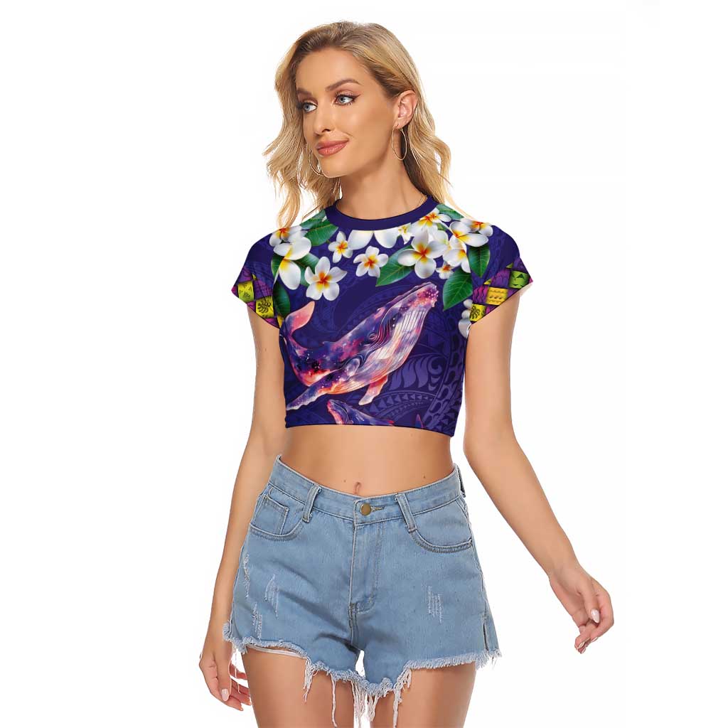 Hawaiian Plumeria and Humpback Whales Raglan Cropped T Shirt Polynerian Art Tattoo-Navy Color