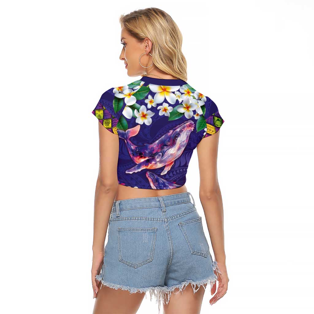 Hawaiian Plumeria and Humpback Whales Raglan Cropped T Shirt Polynerian Art Tattoo-Navy Color