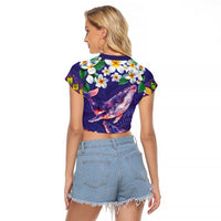Hawaiian Plumeria and Humpback Whales Raglan Cropped T Shirt Polynerian Art Tattoo-Navy Color