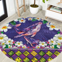 Hawaiian Plumeria and Humpback Whales Round Carpet Polynerian Art Tattoo-Navy Color