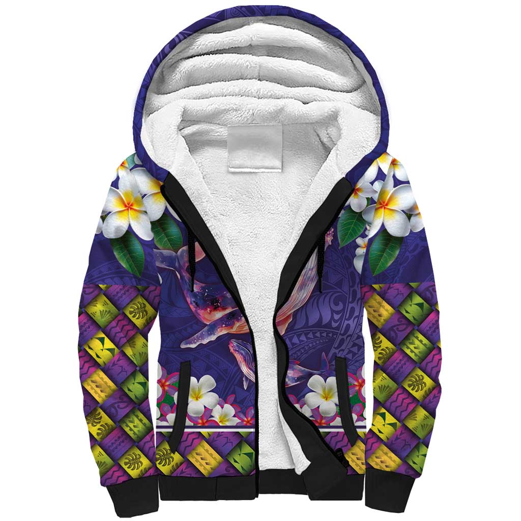 Hawaiian Plumeria and Humpback Whales Sherpa Hoodie Polynerian Art Tattoo-Navy Color