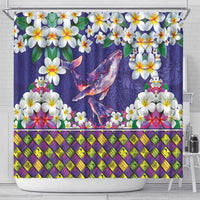 Hawaiian Plumeria and Humpback Whales Shower Curtain Polynerian Art Tattoo-Navy Color
