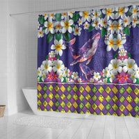 Hawaiian Plumeria and Humpback Whales Shower Curtain Polynerian Art Tattoo-Navy Color