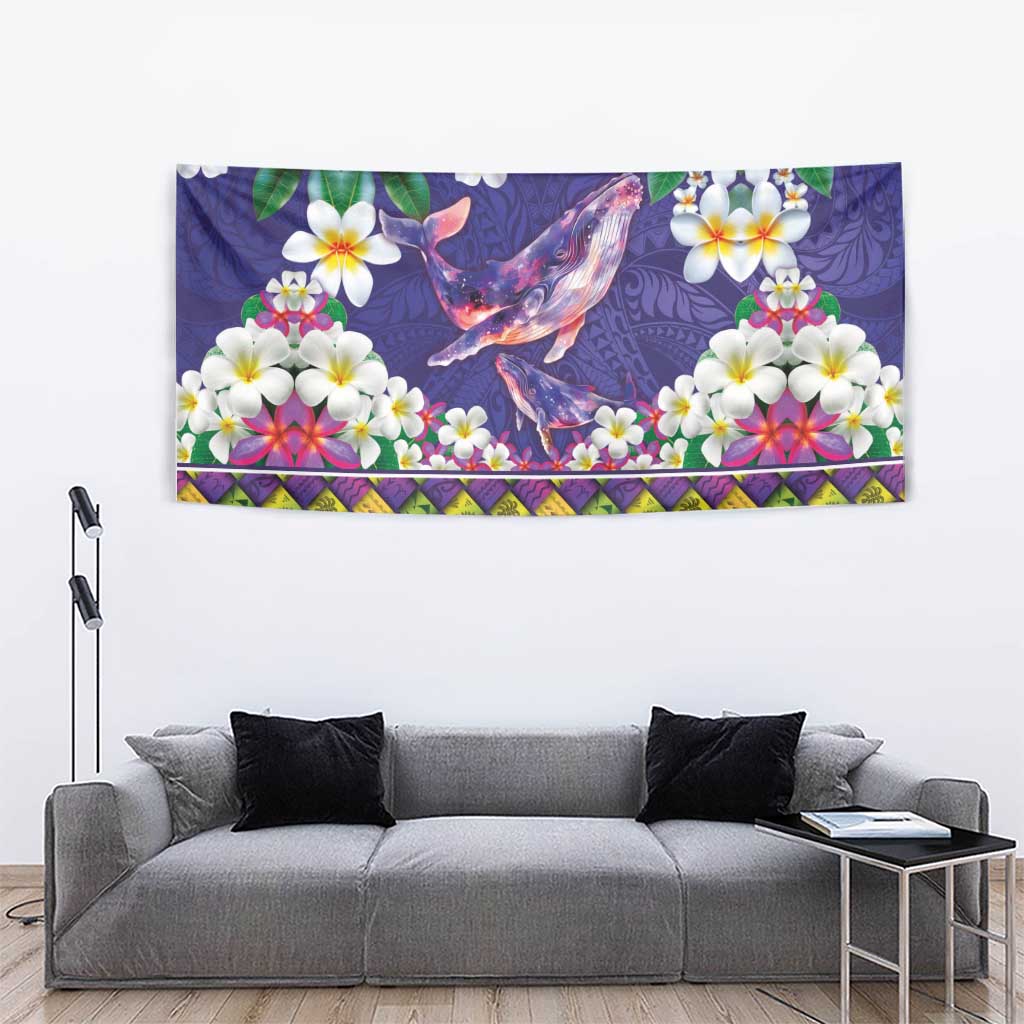 Hawaiian Plumeria and Humpback Whales Tapestry Polynerian Art Tattoo-Navy Color