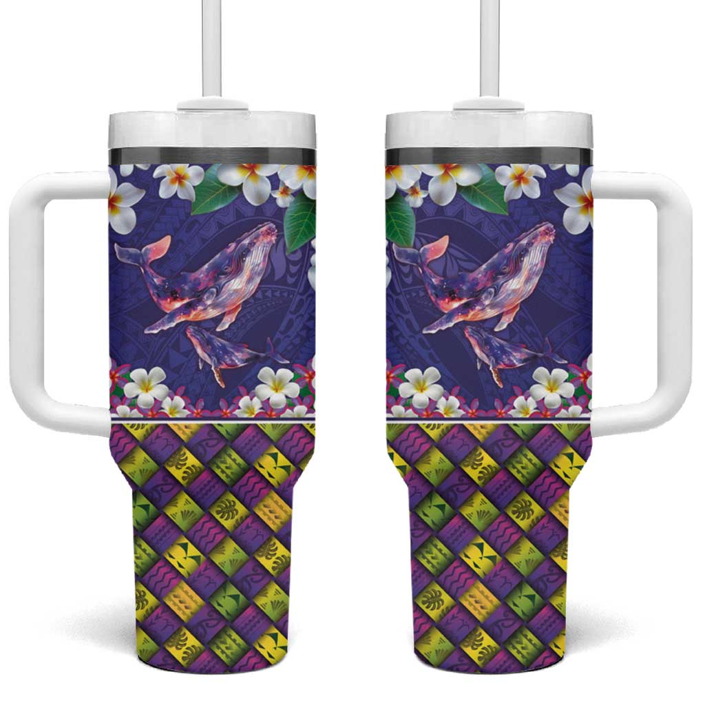Hawaiian Plumeria and Humpback Whales Tumbler With Handle Polynerian Art Tattoo-Navy Color