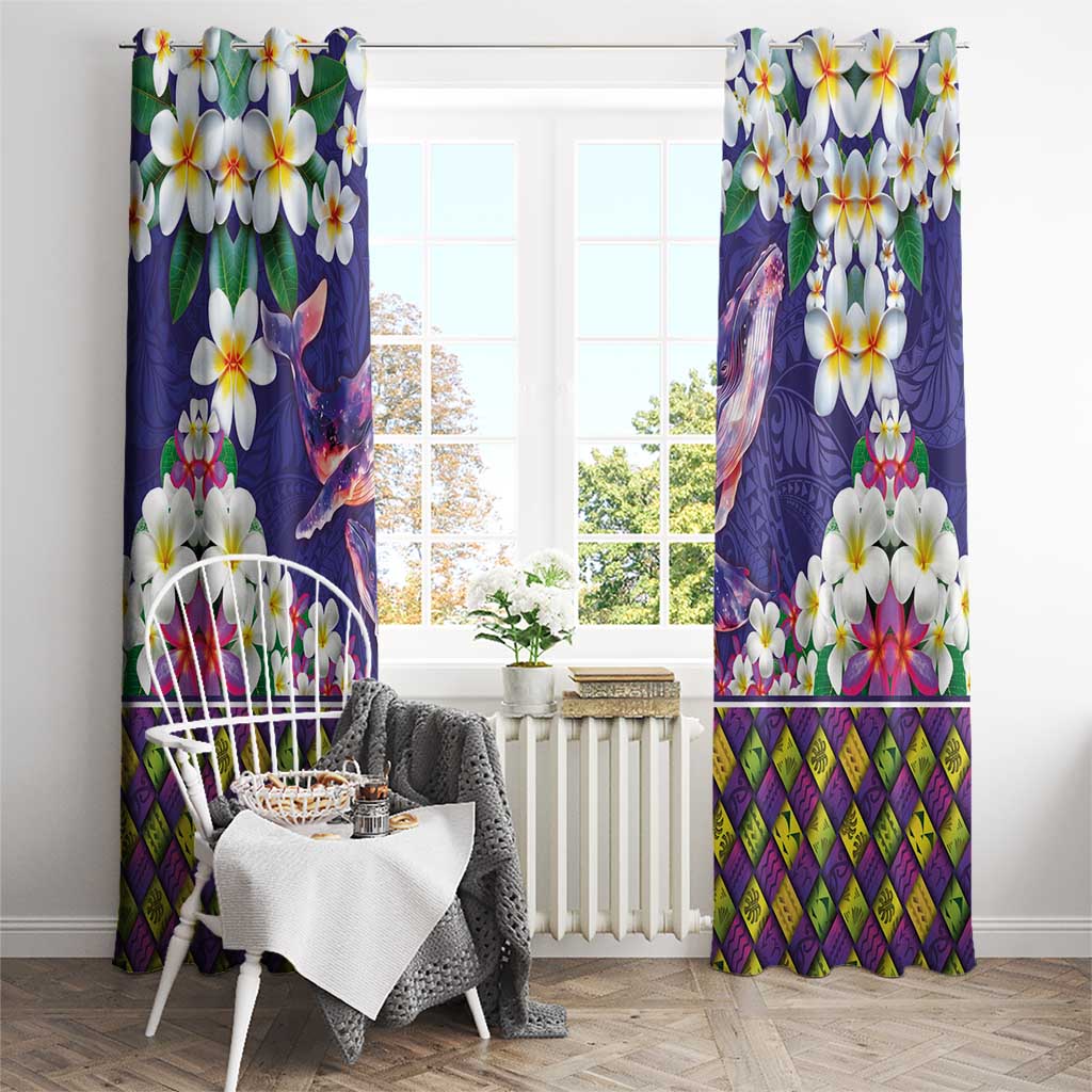 Hawaiian Plumeria and Humpback Whales Window Curtain Polynerian Art Tattoo-Navy Color