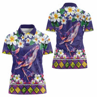 Hawaiian Plumeria and Humpback Whales Women Polo Shirt Polynerian Art Tattoo-Navy Color LT03 - Polynesian Pride