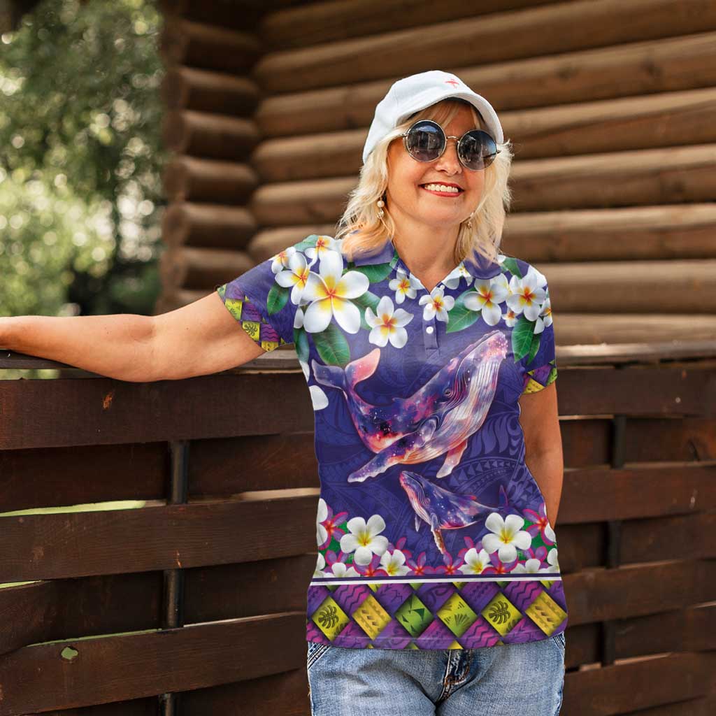 Hawaiian Plumeria and Humpback Whales Women Polo Shirt Polynerian Art Tattoo-Navy Color LT03 - Polynesian Pride