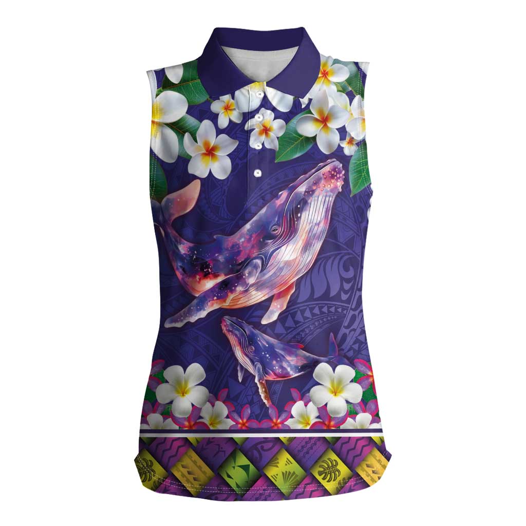 Hawaiian Plumeria and Humpback Whales Women Sleeveless Polo Shirt Polynerian Art Tattoo-Navy Color LT03 Female Navy - Polynesian Pride