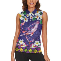 Hawaiian Plumeria and Humpback Whales Women Sleeveless Polo Shirt Polynerian Art Tattoo-Navy Color LT03 - Polynesian Pride