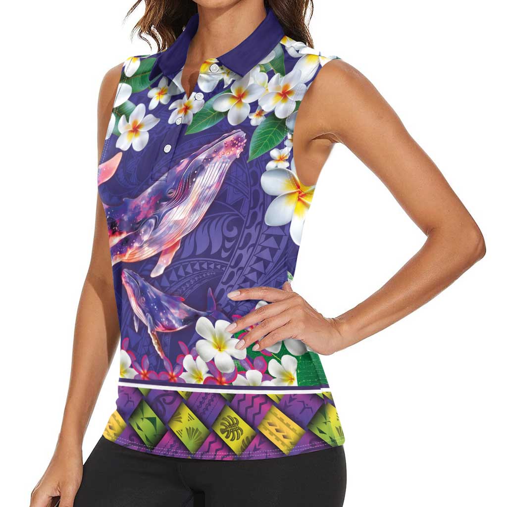 Hawaiian Plumeria and Humpback Whales Women Sleeveless Polo Shirt Polynerian Art Tattoo-Navy Color LT03 - Polynesian Pride