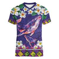 Hawaiian Plumeria and Humpback Whales Women V-Neck T-Shirt Polynerian Art Tattoo-Navy Color LT03 Female Navy - Polynesian Pride