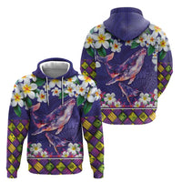 Hawaiian Plumeria and Humpback Whales Zip Hoodie Polynerian Art Tattoo-Navy Color