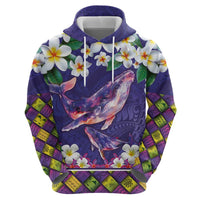 Hawaiian Plumeria and Humpback Whales Zip Hoodie Polynerian Art Tattoo-Navy Color