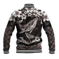 Hawaiian Plumeria and Humpback Whales Baseball Jacket Polynerian Art Tattoo-Grayscale Mode