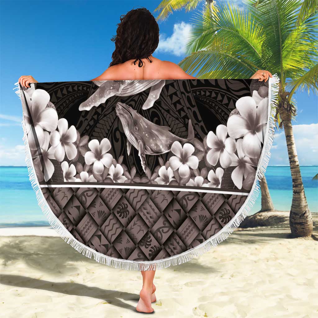 Hawaiian Plumeria and Humpback Whales Beach Blanket Polynerian Art Tattoo-Grayscale Mode