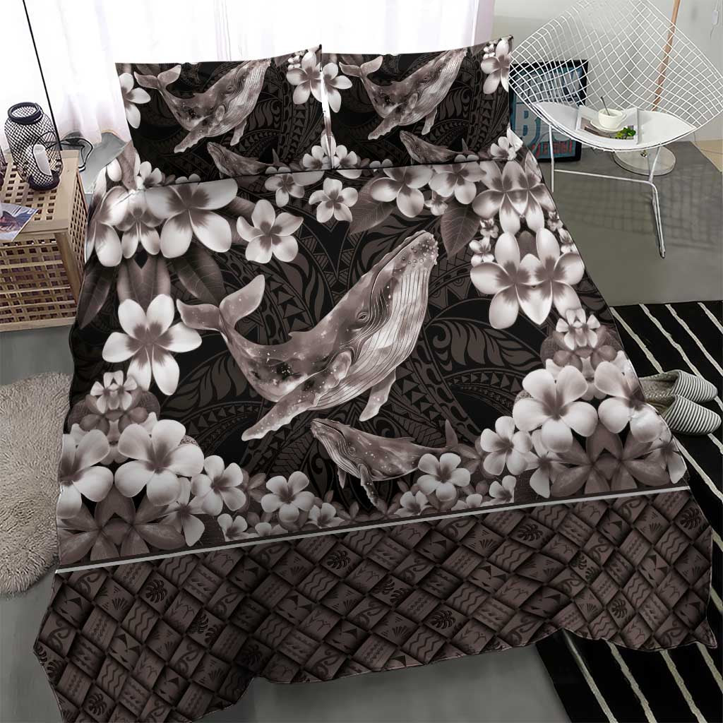 Hawaiian Plumeria and Humpback Whales Bedding Set Polynerian Art Tattoo-Grayscale Mode