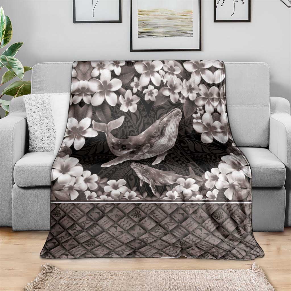 Hawaiian Plumeria and Humpback Whales Blanket Polynerian Art Tattoo-Grayscale Mode