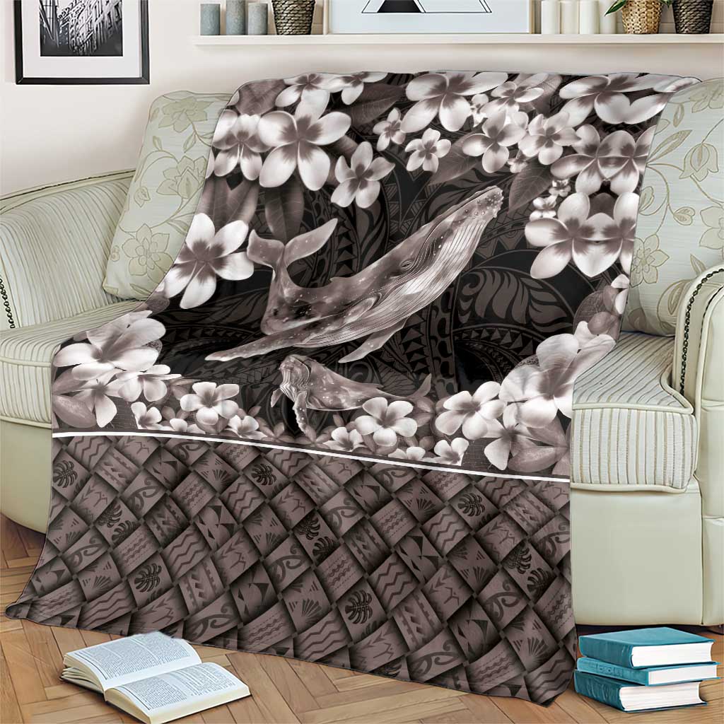 Hawaiian Plumeria and Humpback Whales Blanket Polynerian Art Tattoo-Grayscale Mode