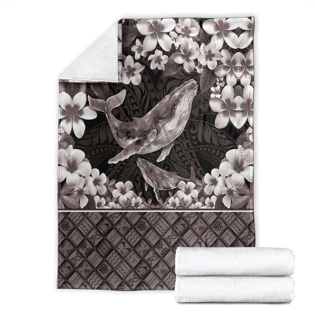 Hawaiian Plumeria and Humpback Whales Blanket Polynerian Art Tattoo-Grayscale Mode