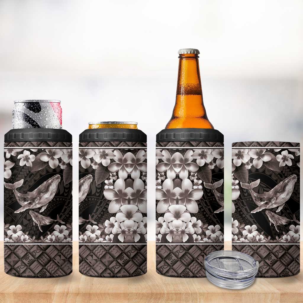Hawaiian Plumeria and Humpback Whales 4 in 1 Can Cooler Tumbler Polynerian Art Tattoo-Grayscale Mode