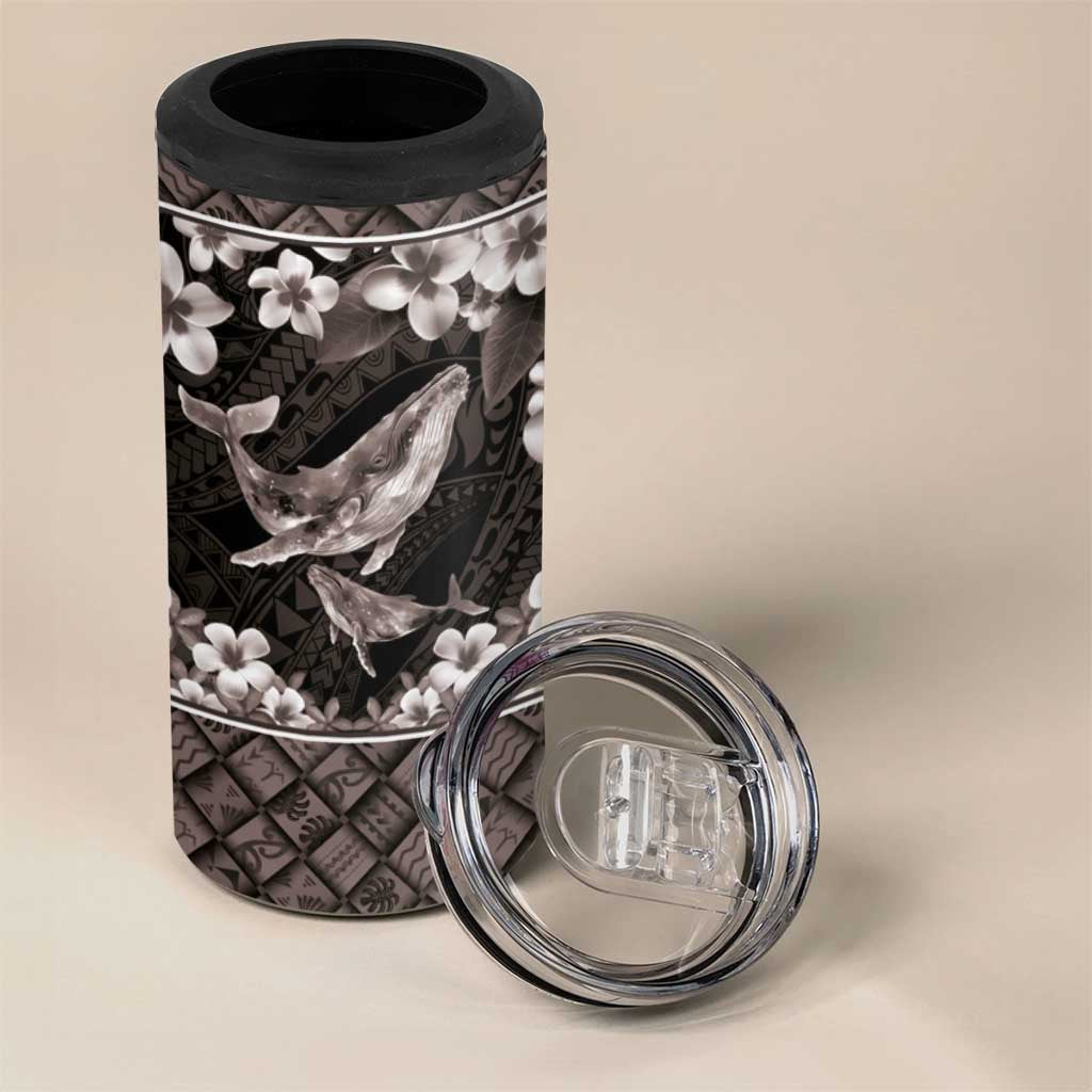 Hawaiian Plumeria and Humpback Whales 4 in 1 Can Cooler Tumbler Polynerian Art Tattoo-Grayscale Mode