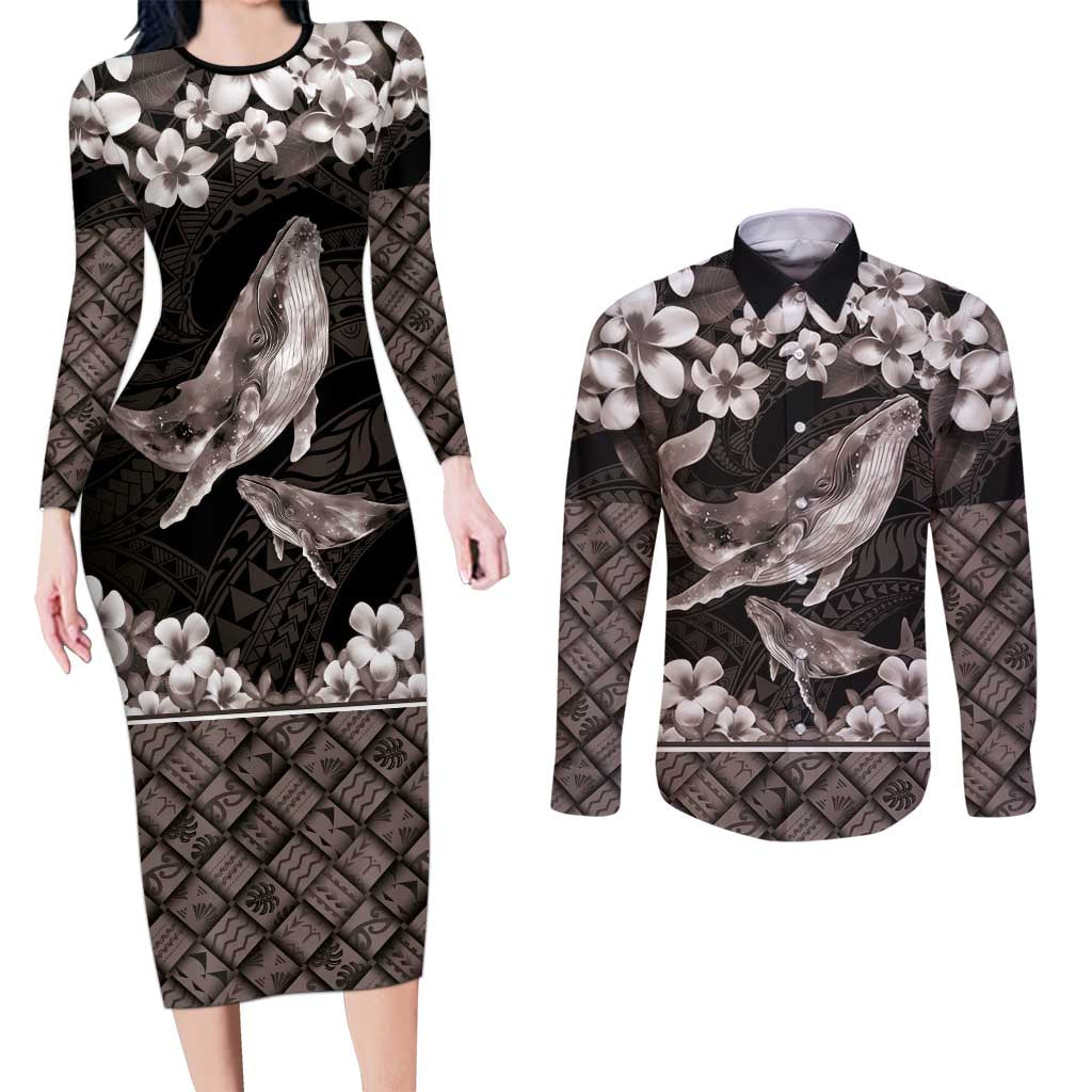 Hawaiian Plumeria and Humpback Whales Couples Matching Long Sleeve Bodycon Dress and Long Sleeve Button Shirt Polynerian Art Tattoo-Grayscale Mode
