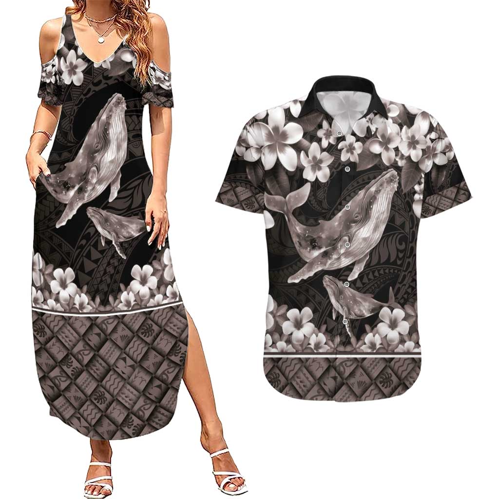 Hawaiian Plumeria and Humpback Whales Couples Matching Summer Maxi Dress and Hawaiian Shirt Polynerian Art Tattoo-Grayscale Mode