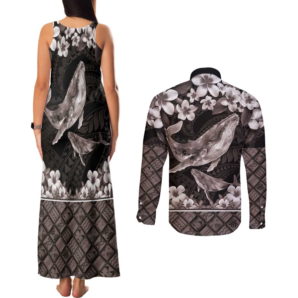 Hawaiian Plumeria and Humpback Whales Couples Matching Tank Maxi Dress and Long Sleeve Button Shirt Polynerian Art Tattoo-Grayscale Mode