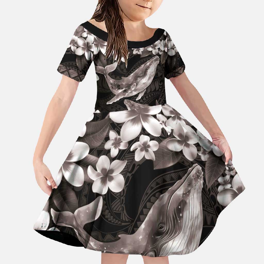 Hawaiian Plumeria and Humpback Whales Family Matching Mermaid Dress and Hawaiian Shirt Polynerian Art Tattoo-Grayscale Mode LT03 Daughter's Dress Black - Polynesian Pride