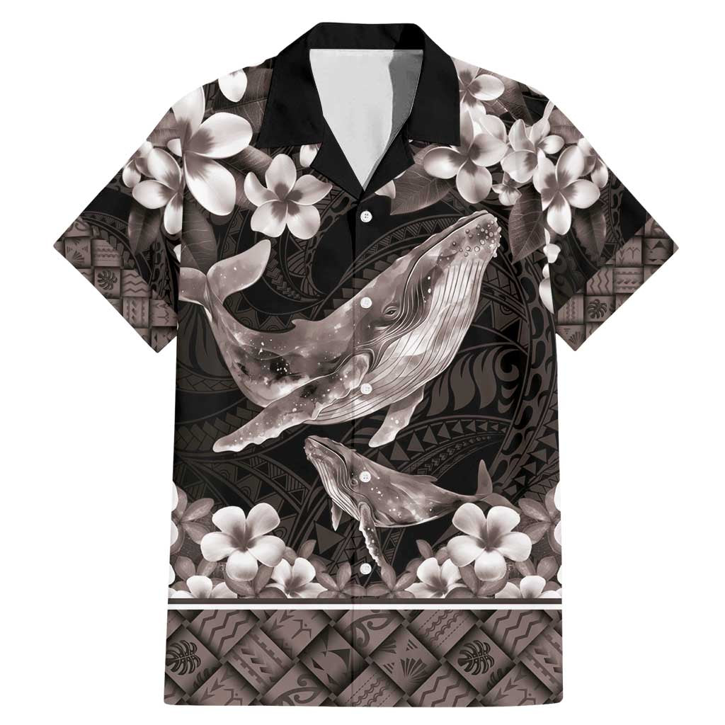 Hawaiian Plumeria and Humpback Whales Family Matching Mermaid Dress and Hawaiian Shirt Polynerian Art Tattoo-Grayscale Mode LT03 Dad's Shirt - Short Sleeve Black - Polynesian Pride