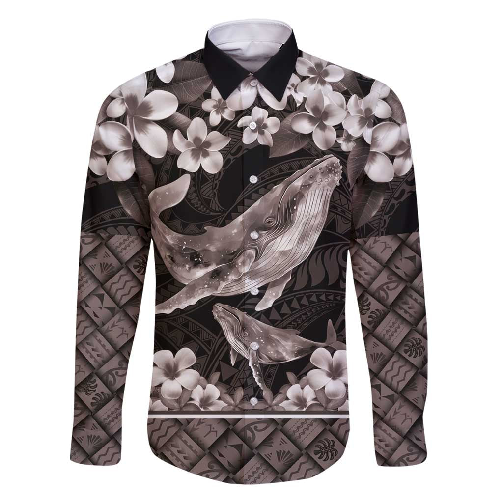 Hawaiian Plumeria and Humpback Whales Family Matching Mermaid Dress and Hawaiian Shirt Polynerian Art Tattoo-Grayscale Mode LT03 Dad's Shirt - Long Sleeve Black - Polynesian Pride