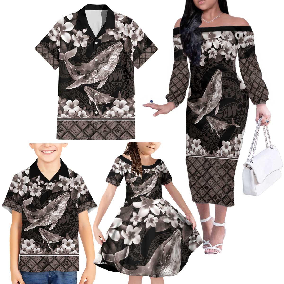 Hawaiian Plumeria and Humpback Whales Family Matching Off The Shoulder Long Sleeve Dress and Hawaiian Shirt Polynerian Art Tattoo-Grayscale Mode