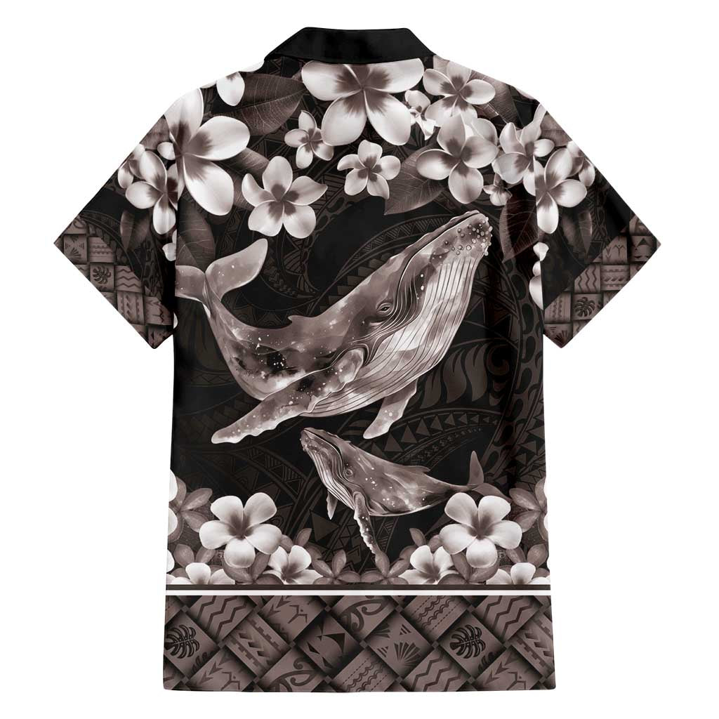 Hawaiian Plumeria and Humpback Whales Family Matching Off Shoulder Maxi Dress and Hawaiian Shirt Polynerian Art Tattoo-Grayscale Mode