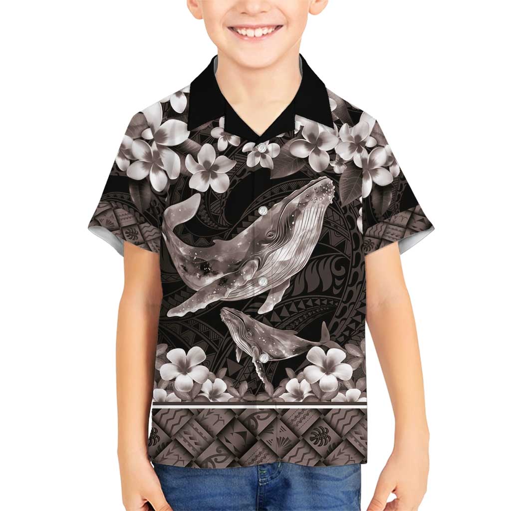 Hawaiian Plumeria and Humpback Whales Family Matching Off Shoulder Maxi Dress and Hawaiian Shirt Polynerian Art Tattoo-Grayscale Mode