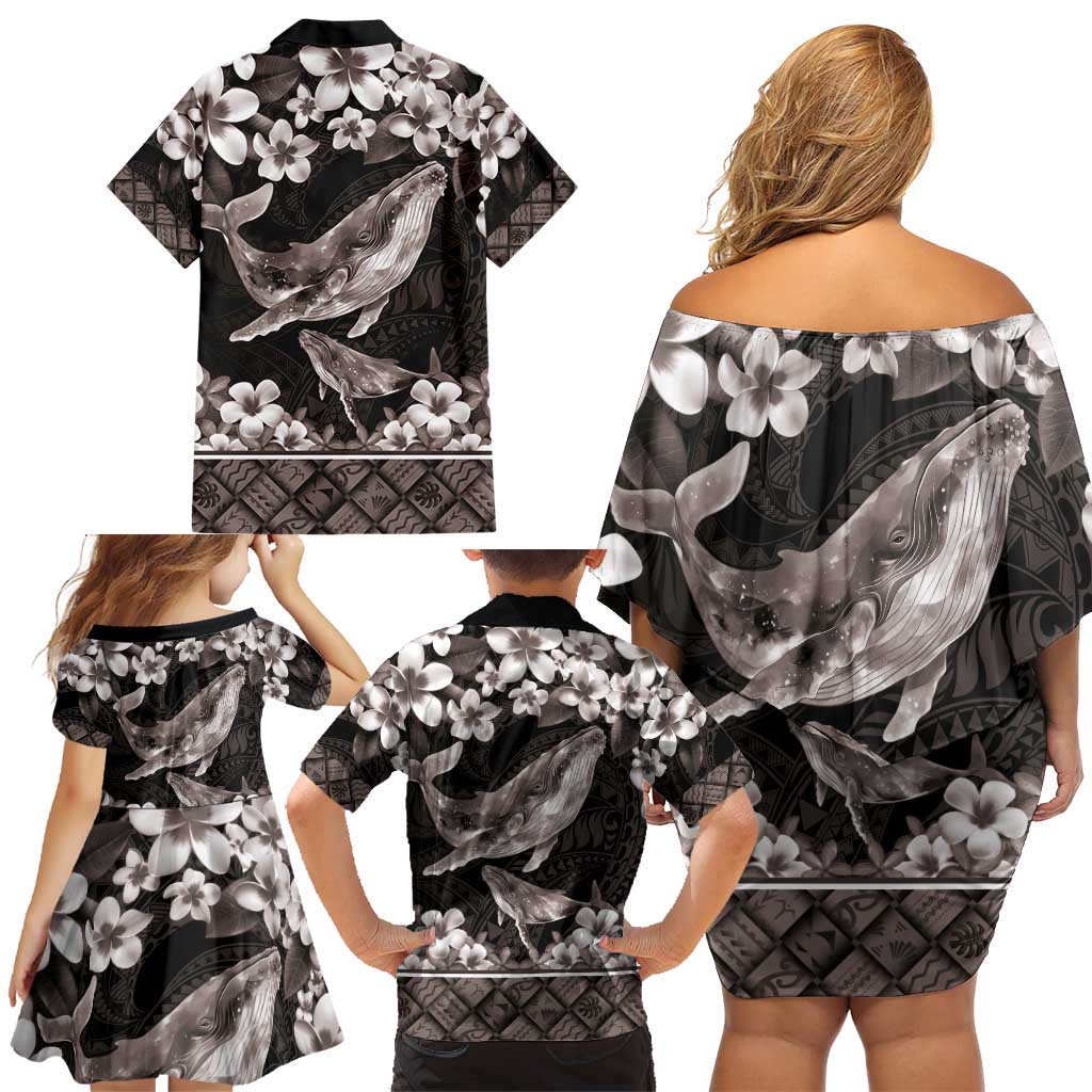 Hawaiian Plumeria and Humpback Whales Family Matching Off Shoulder Short Dress and Hawaiian Shirt Polynerian Art Tattoo-Grayscale Mode