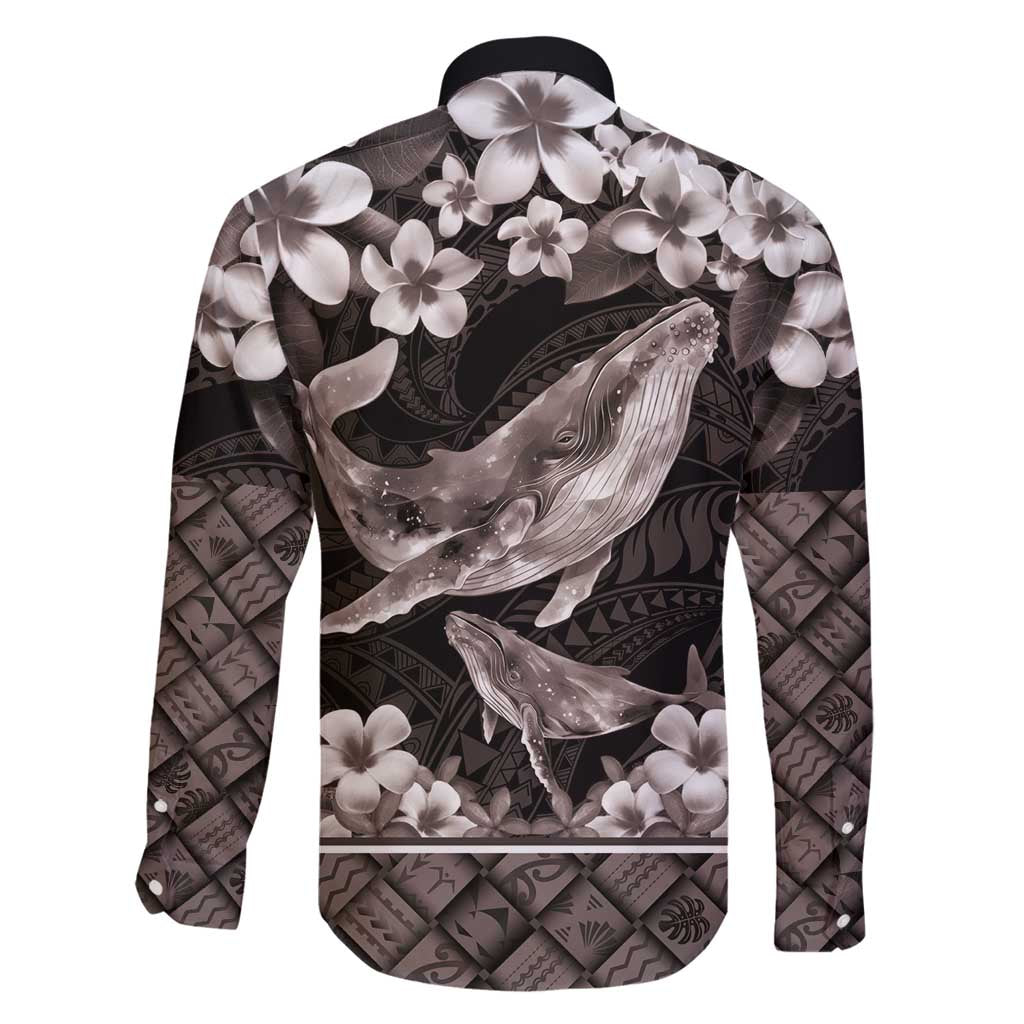 Hawaiian Plumeria and Humpback Whales Family Matching Off Shoulder Short Dress and Hawaiian Shirt Polynerian Art Tattoo-Grayscale Mode