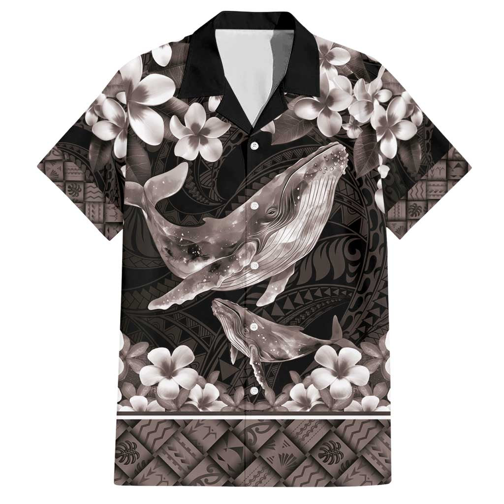 Hawaiian Plumeria and Humpback Whales Family Matching Short Sleeve Bodycon Dress and Hawaiian Shirt Polynerian Art Tattoo-Grayscale Mode LT03 Dad's Shirt - Short Sleeve Black - Polynesian Pride