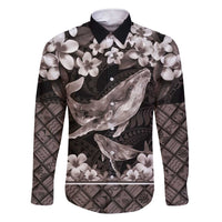 Hawaiian Plumeria and Humpback Whales Family Matching Short Sleeve Bodycon Dress and Hawaiian Shirt Polynerian Art Tattoo-Grayscale Mode LT03 Dad's Shirt - Long Sleeve Black - Polynesian Pride
