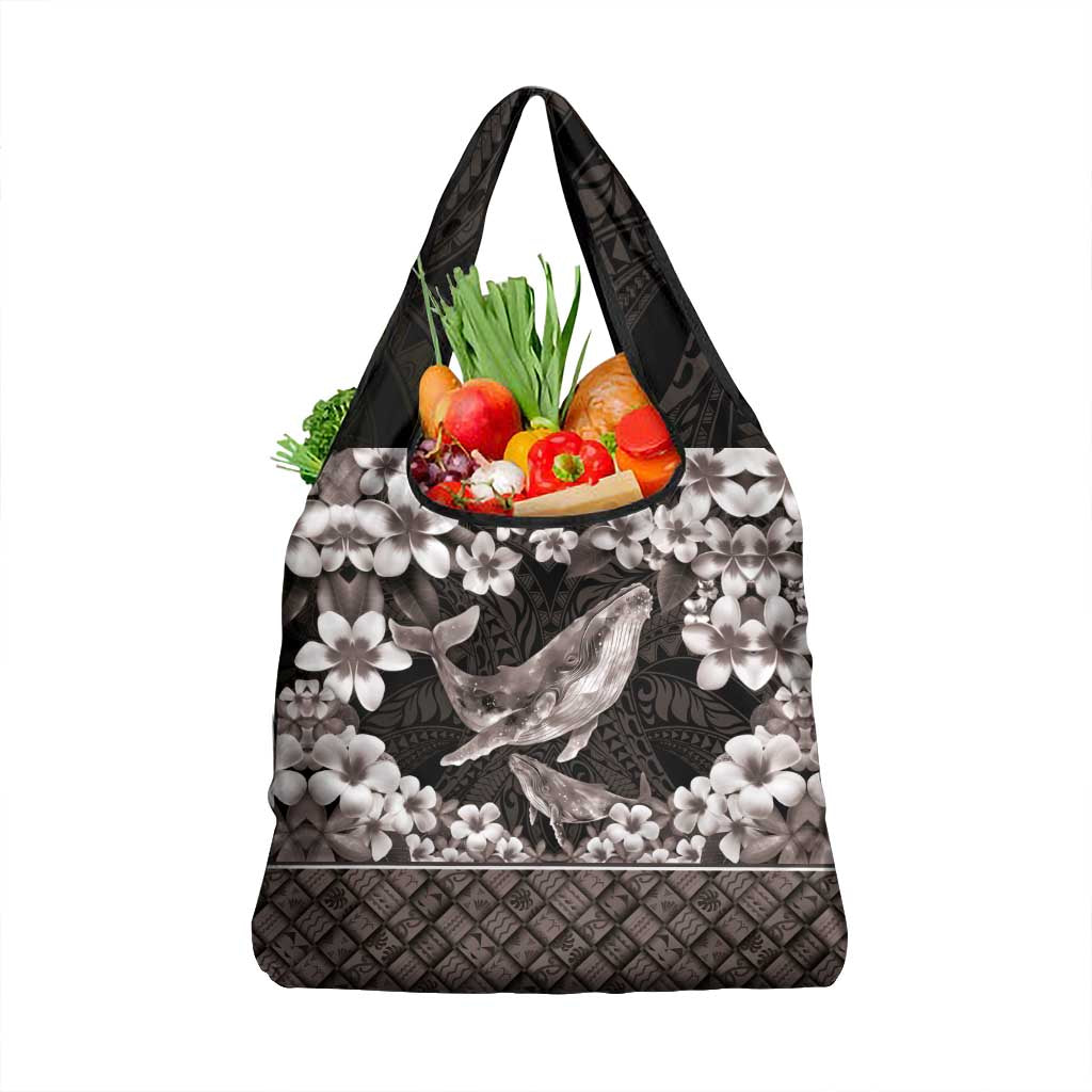 Hawaiian Plumeria and Humpback Whales Grocery Bag Polynerian Art Tattoo-Grayscale Mode