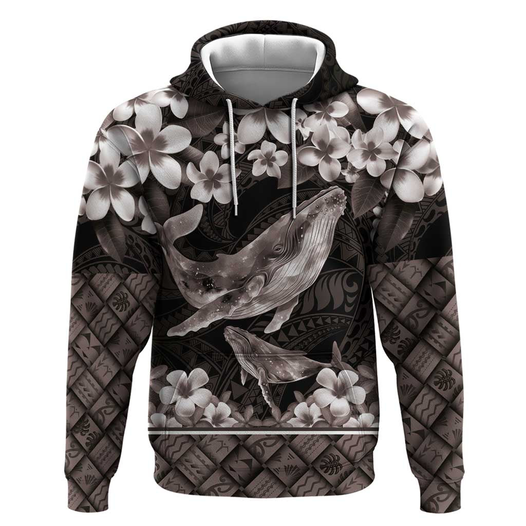 Hawaiian Plumeria and Humpback Whales Hoodie Polynerian Art Tattoo-Grayscale Mode