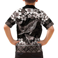 Hawaiian Plumeria and Humpback Whales Kid Hawaiian Shirt Polynerian Art Tattoo-Grayscale Mode