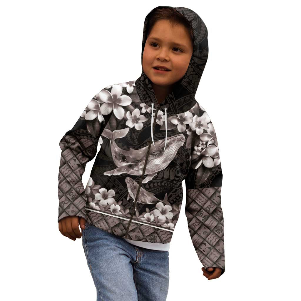 Hawaiian Plumeria and Humpback Whales Kid Hoodie Polynerian Art Tattoo-Grayscale Mode