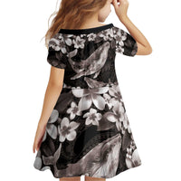 Hawaiian Plumeria and Humpback Whales Kid Short Sleeve Dress Polynerian Art Tattoo-Grayscale Mode