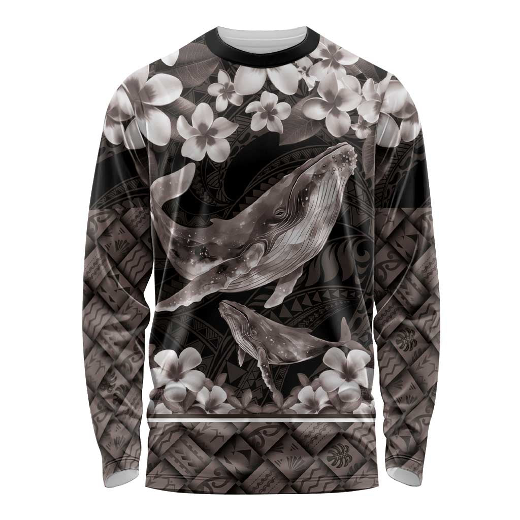 Hawaiian Plumeria and Humpback Whales Long Sleeve Shirt Polynerian Art Tattoo-Grayscale Mode