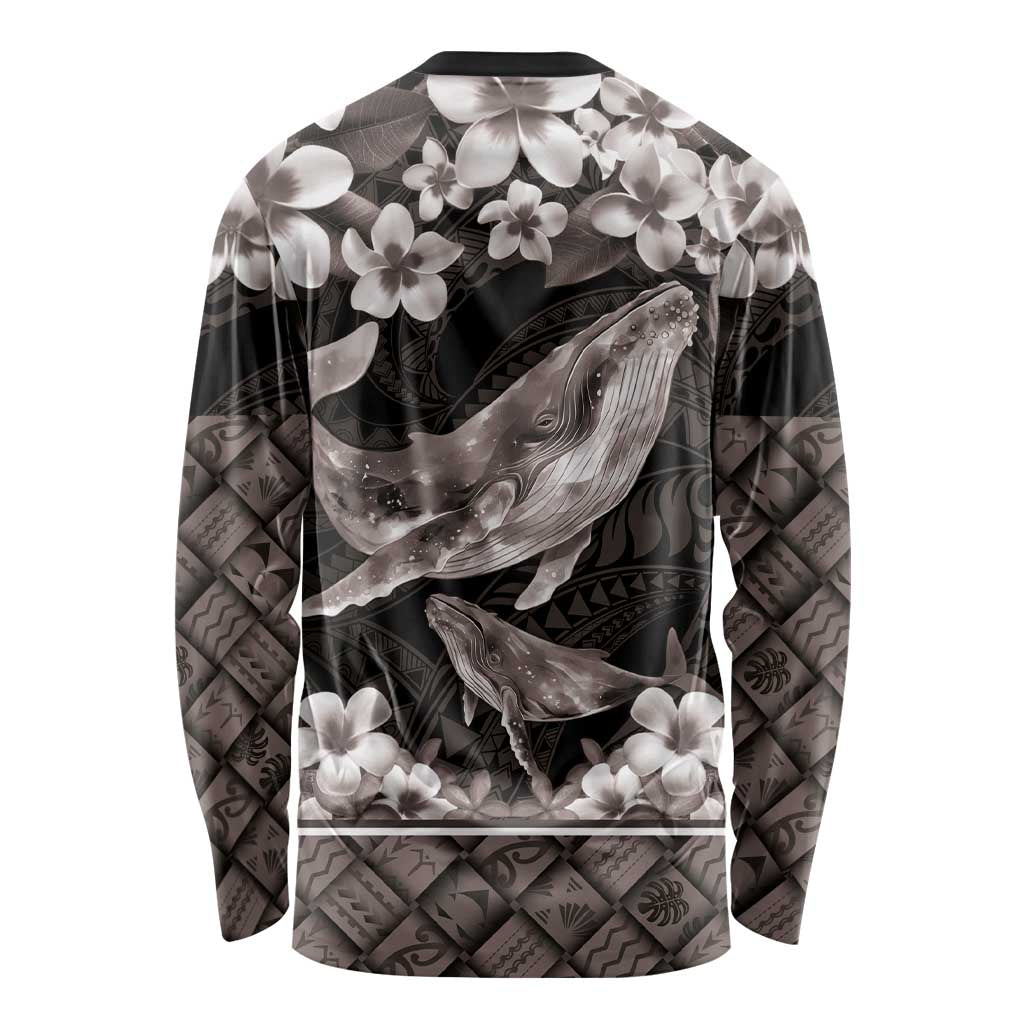 Hawaiian Plumeria and Humpback Whales Long Sleeve Shirt Polynerian Art Tattoo-Grayscale Mode