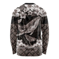 Hawaiian Plumeria and Humpback Whales Long Sleeve Shirt Polynerian Art Tattoo-Grayscale Mode