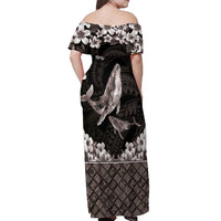 Hawaiian Plumeria and Humpback Whales Off Shoulder Maxi Dress Polynerian Art Tattoo-Grayscale Mode